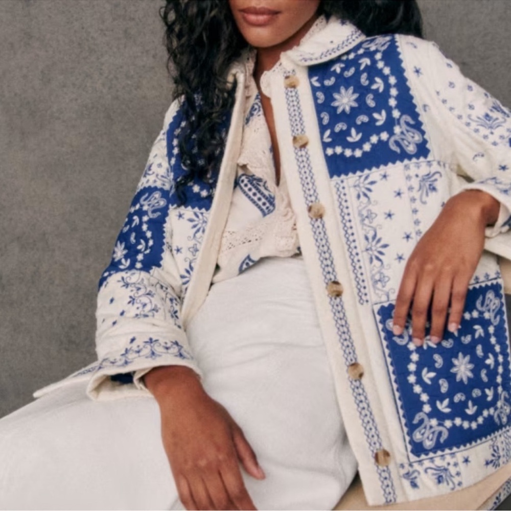 Sezane SMITH JACKET in BLUE ECRU BANDANA Embroidered Women's Jacket - Picture 5 of 13